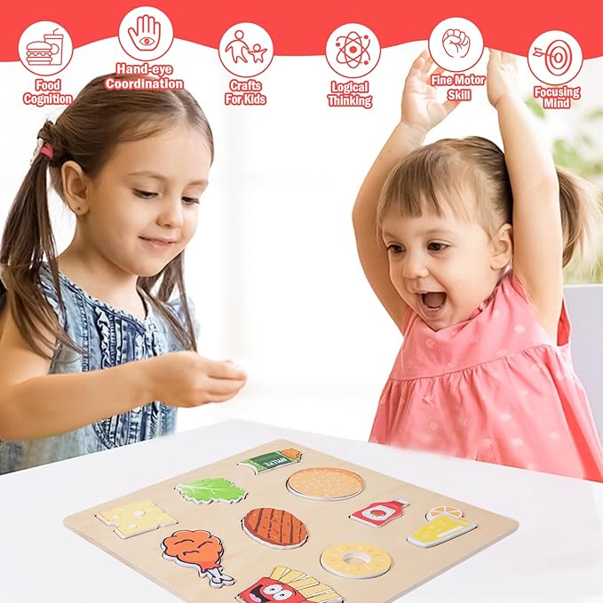 Adena Montessori Wooden Puzzles Play Fake Kitchen Fast Food Toys for Kids 2 3 4 Years Old