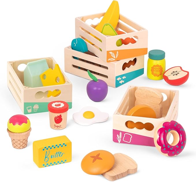 B. toys- Little Foodie Groups- Pretend Play Wooden Play Food – Food Group Crates – 24 Play Kitchen Accessories – Educational Toys for Kids – 3 Years +