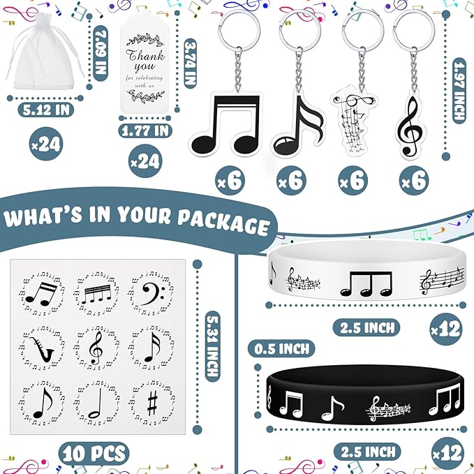 187 Pieces Music Party Favors with Music Notes Silicone Bracelets, Metal Musical Note Keychains, Round Label Stickers, Thank You Tags and Sheer Organza Bags for Music Theme Party Supplies Decorations