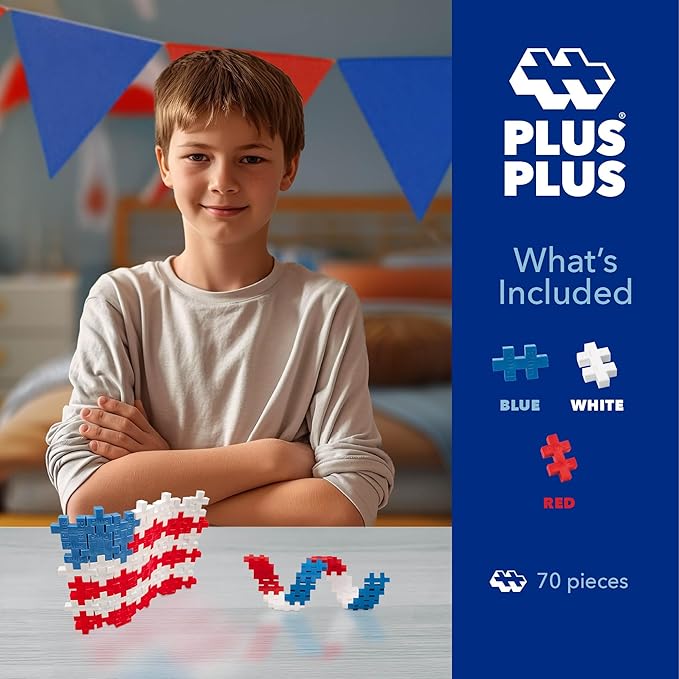 PLUS PLUS 3D Puzzle Building Block Set, 70 Mini Interlocking Pieces, Fun Holiday Activities for Kids - Patriotic Mini Maker Tube