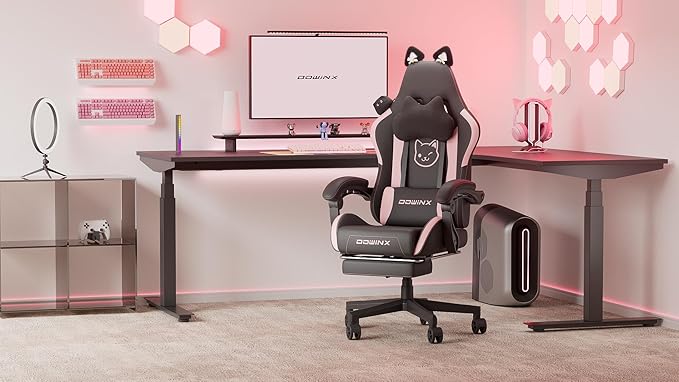 Dowinx Gaming Chair Cute with Cat Ears and Massage Lumbar Support, Ergonomic Computer Chair for Girl with Footrest and Headrest, Comfortable Reclining Game Chair 290lbs for Adult, Teen, Black
