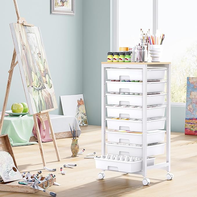 Rolling Cart with Drawers,8 Drawer Rolling Cart,Rolling Drawer Cart,Rolling Storage Drawer Cart,White Rolling Cart,Utility Cart with Drawers and Wooden Tabletop