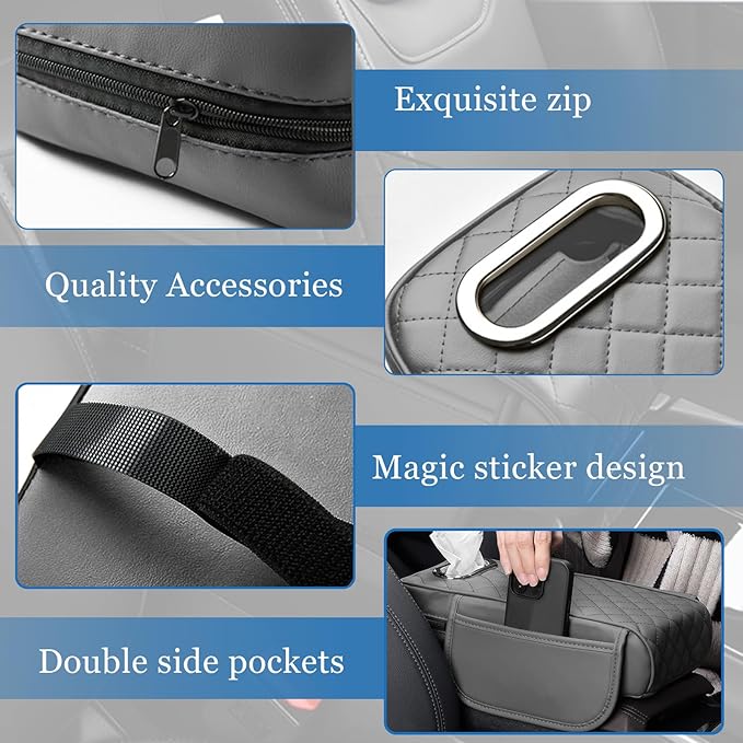Wogomz Car Center Console Cover, 13"×7.09"×2.95" Leather Car Armrest Cover with Pockets & Tissue Box, Comfortable Auto Armrest Cushion, Universal Arm Rest Protector for Car SUV Truck (Gray)