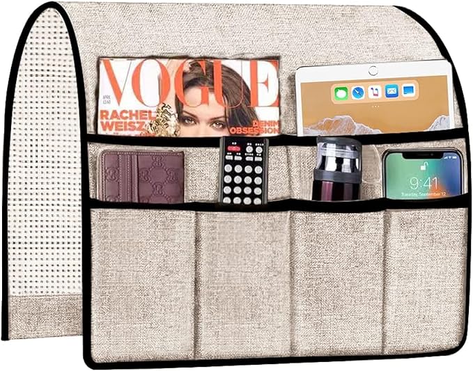 Sofa Armrest Organizer Couch Storage, TV Remote Holder for Armchair with 6 Pockets Hanging Remote Control Holder, Thick Armchair Caddy Magazine, Books, Cell Phone, iPad, 19 x 35 Inches, Beige