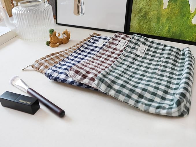 HAPPYHEIDI Navy Blue Gingham Cotton Makeup Bag Cosmetic Toiletry Travel Pouch, Tote Purse Organizer, Zipper Closure, Canvas Lined