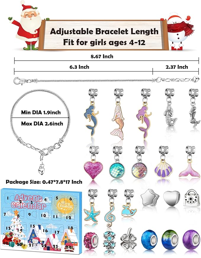 Christmas Advent Calendar 2024, Advent Calendars for Kids/Girl/Teens/Teenagers/Adult Women, Little Mermaid Charm Bracelet Jewelry Making Kit for Girls Crafts Mermaid Accessories, Gift for Girls 6-12