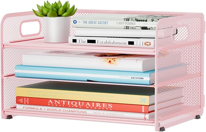 3 Tier Paper Letter Tray Organizer for Desk, Mesh File Folder Document Organizer with Handle for Home Office Supplies Desktop Accessories, Pink