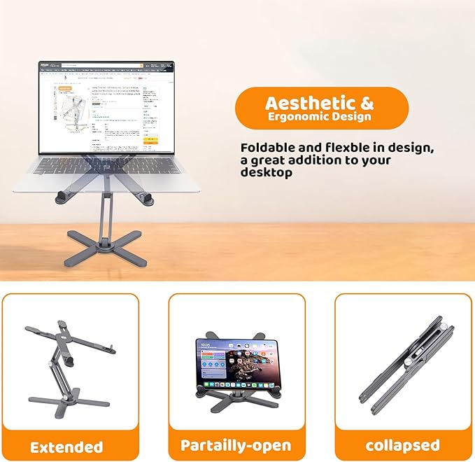 Laptop Stand with 360 Rotating Base, Computer Notebook Laptop Riser Metal Holder for Desk Collaborative Work, Fully Foldable for Easy Storage, Fits All MacBook, Laptops up to 16 inches, Grey