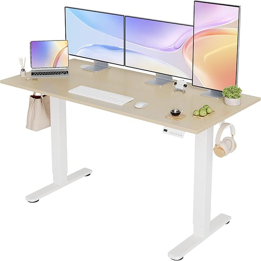 Seang Electric Height Adjustable Standing Desk, 55 x 24 Inch Sit-Stand Desk with T-Shaped Frame, 3 Memory Presets & Cable Management for Home Office Computer Workstation, White Frame/Nature Top