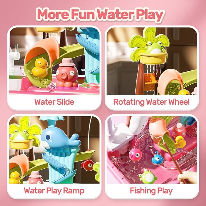HOLYFUN Play Sink with Running Water, Kitchen Sink Toy with Upgraded Electric Faucet, Water Slide Track, Fishing Game Pool, and Floating Toys for Pretend Play,Dishwasher Toy for Kids and Toddlers