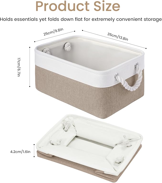 VQRTEXA Storage Baskets for Shelves 13.8x9.8x6.7 Inch, Foldable Fabric Storage Bins with Handles, Small Storage Baskets for Organizing Closet, Bathroom, Office, Home Organization (1-Pack, White&Khaki)