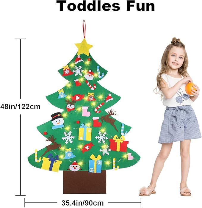 GameXcel 4ft Felt Christmas Tree for Toddlers with LED Light & 36pcs Ornaments, Velcro Montessori DIY Xmas Decorations - 4 Feet