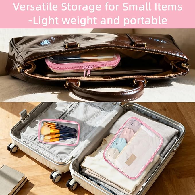 Clear Hard Shell Zipper Case,Clear Toy Storage Pouch,Waterproof Transparent Organizer Cosmetic Case for Travel, Office, Home(Pink, M+2*S)