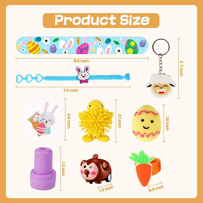 60 PCS Easter Egg Fillers, Easter Basket Stuffers with Slap Bracelets Rubber Wristbands Stickers Stampers Cars Ring Keychains Puffer Fidget Toys, Easter Party Favors, Classroom Prizes Gift Exchange