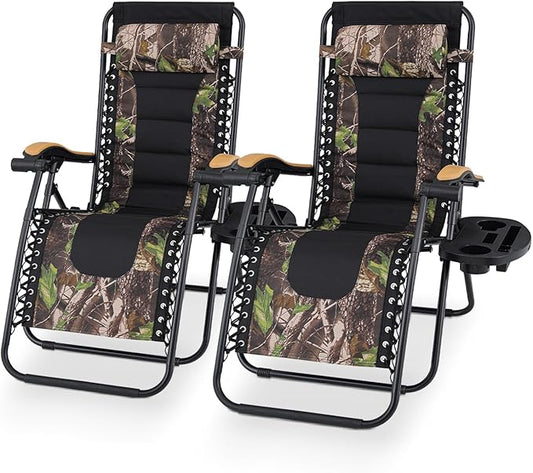 Athena Collection Zero Gravity Outdoor Lounge Chair Set of 2 with Cup Holder, 25" Width Pool Lounge Lawn Chairs Reclining, Outdoor Chaise for Beach Patio Backyard Outside, Jungle