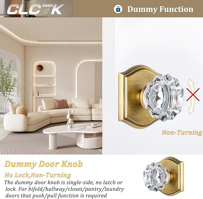 CLCTK 4 Pack Crystal Glass Dummy Door Knob, Single Side Dummy Door Knob Set for Interior Doors in Antique Brass