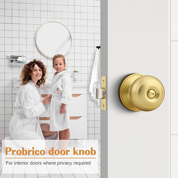 Probrico Brushed Brass Bed/Bath Knobs Keyless Privacy Interior Doors Locksets, Gold Door Knobs 5 Pack