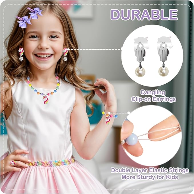 Handmade Unicorn Kids Jewelry Set for Little Girls - Elastic Necklace Bracelet - Clip On Earrings - Adjustable Rings - Bow Hair Clips - Birthday Dressup Childrens Costume w/Box Bags