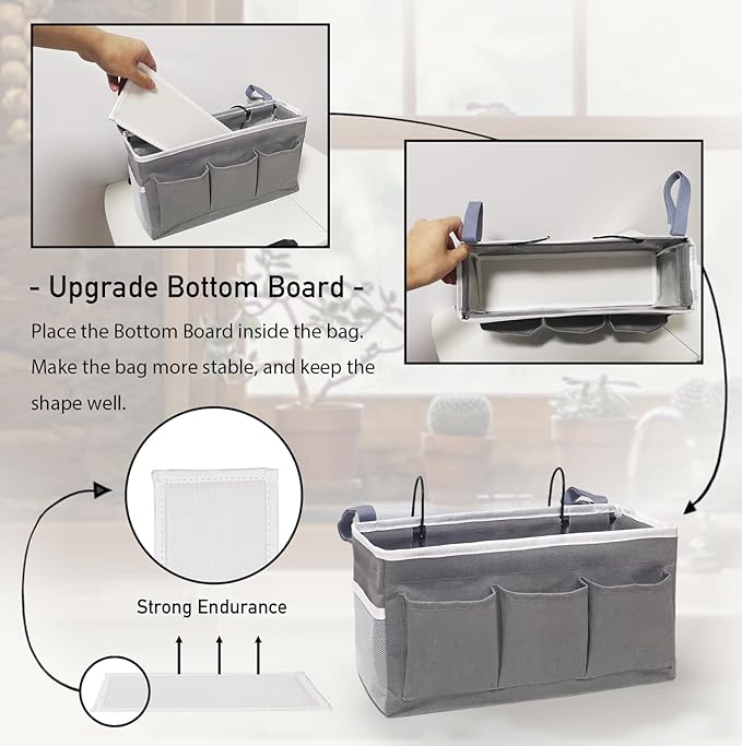Beside Caddy Storage Organizer, Hanging Bag Holder with Pockets for Bedroom, Loft Bed Tent, Bed Curtain, Top Bunk bed Shelf Accessories Bedside Caddy 3-pocket (Gray_1pcs)