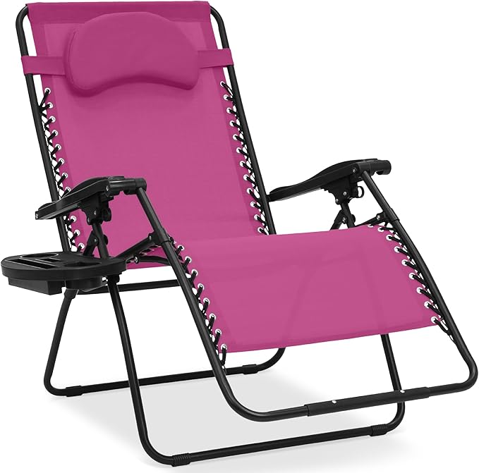 Best Choice Products Oversized Zero Gravity Chair, Folding Outdoor Patio Lounge Recliner w/Cup Holder Accessory Tray, Pillow - Hot Pink/Black
