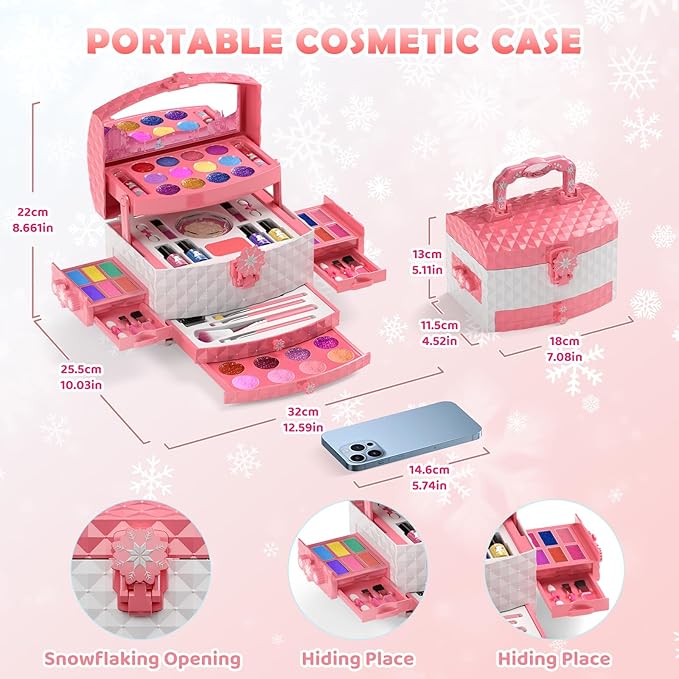 GirlsHome Kids Makeup Set for Girl 56 Pcs Washable Real Cosmetic, Non-Toxic Frozen Toys Toddler Makeup Kit, Frozen Princess Dress up Kit Christmas & Birthday Girl Gift for 3-12 (Frozen Pink)