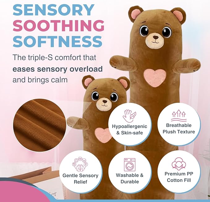 Bear Plush Body Pillow for Kids | Long Stuffed Animal Cuddle Pillow | Soft Hugging Toy | Plushie Gift for Girls & Boys | Long Plush Body Pillow for Sleep & Comfort | Large, 47 Inches