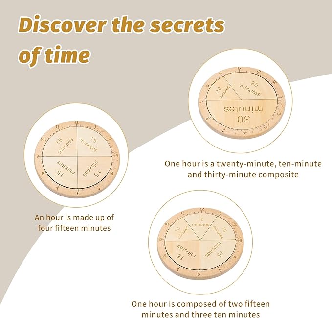 Wooden Montessori Fraction Clock Toy, Math Learning Time Teaching Materials, Set an Hour of Puzzles with Minute Tiles, Learning Clock for Kids