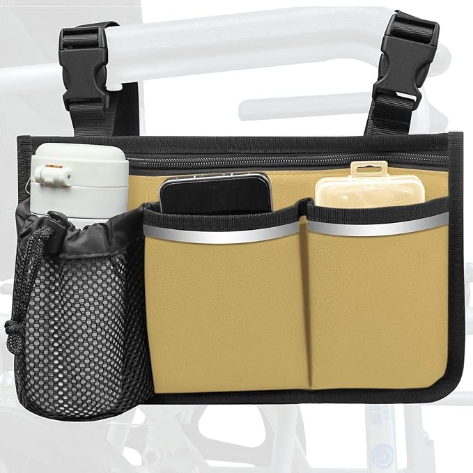 Wheelchair Bag, Walker Bag, Wheelchair Side Bag, Armrest Organizer Pouch with Cup Holder Attachment and Reflective Strip, Accessories for Most Wheelchairs, Walker, Rollators (Khaki)