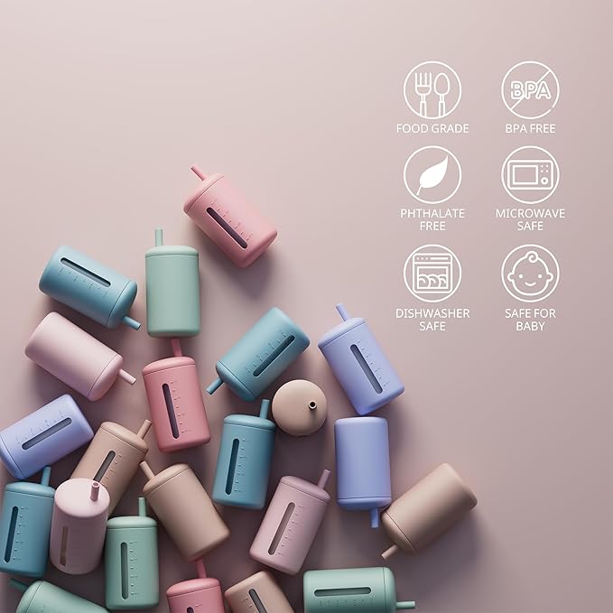 Silicone Straw Cup, 200ml Trainer Cup Toddler Training Straw Cup for Boys and Girls, Unbreakable, 100% Food Grade Silicone (Blush/Mauve)