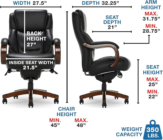 La-Z-Boy Delano Big & Tall Executive Office Chair, High Back Ergonomic Lumbar Support, Bonded Leather, Black with Mahogany Wood Finish