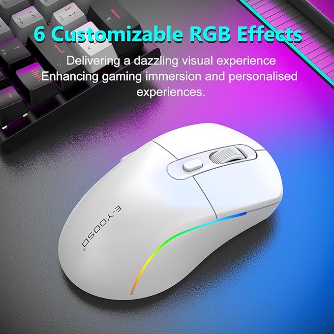 E-YOOSO Wireless Gaming Mouse, 10,000 DPI, Tri-Mode 2.4Ghz/Bluetooth/USB-C Wired, RGB Backlit, 6 Programmable Buttons, Ergonomic Rechargeable Gamer Mice with PC, Mac, PS, Xbox - White