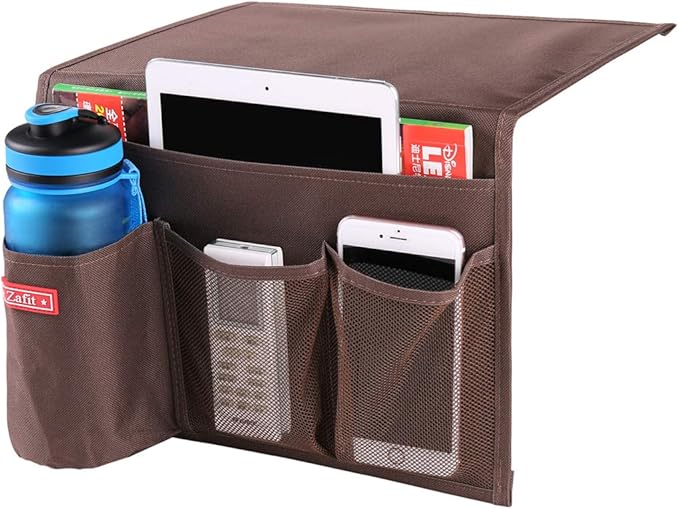 Bedside Storage Organizer - Table Cabinet Organizer Caddy for Remotes, Phone, Glasses (4 Pockets - Coffee)