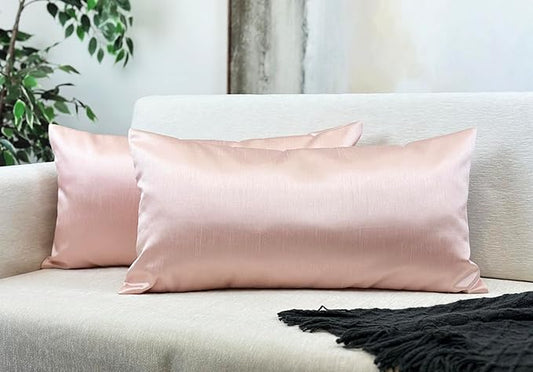 Aiking Home 12x24 Inches Faux Silk Rectangular Throw Pillow Cover, Zipper Closure, Rose Pink (Set of 2)