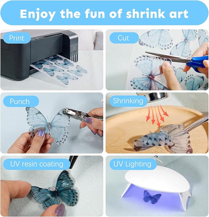 Auihiay Printable Shrink Plastic Sheet Kit, Include Heat Gun, UV Resin, UV Lamp, 20 PCS Printable Shrink Papers and Rich DIY Tools for Crafts Kids DIY Jewelry Making, DIY Christmas Ornaments