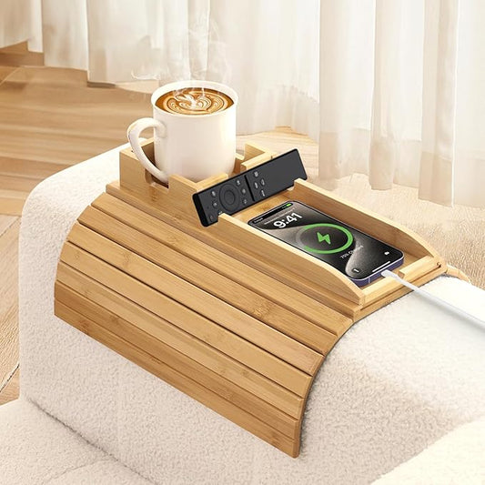 FUNKYLEE Bamboo Couch Armrest Table, Arm Tray with Removable Couch Cup Holder, 2 in 1 Design Foldable Anti-Slip Bamboo Sofa Arm Tray for Remote Controls, Phones, Cups and Snacks