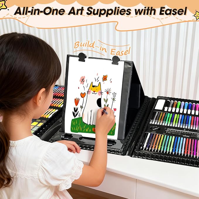 KIDDYCOLOR Kids Art Set, Drawing Art Supplies for Girls & Boys Ages 4-8 with Watercolor Cakes, Oil Pastels, Colored Pencils, Ideal Gift for Young Artist, Black-217pcs