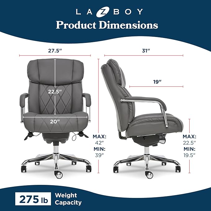 La-Z-Boy Sutherland Quilted Leather Executive Office Chair with Padded Arms, High Back Ergonomic Desk Chair with Lumbar Support, Grey Bonded Leather