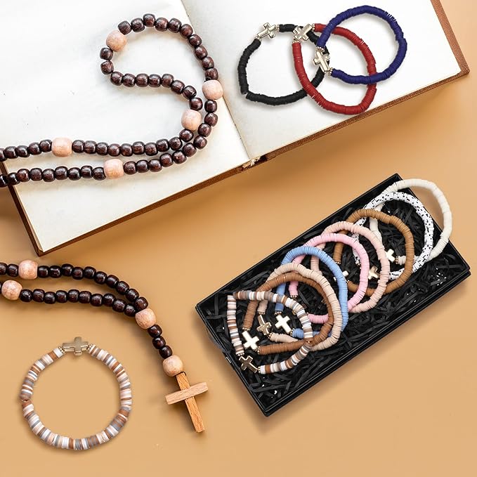 48 Pcs WWJD Bracelets What Would Jesus Do Bracelets for Women, Christian Wristbands Pack Handmade Elastic Beaded Wristbands Inspirational Religious Jewelry Gift for Girls Her(Cross)