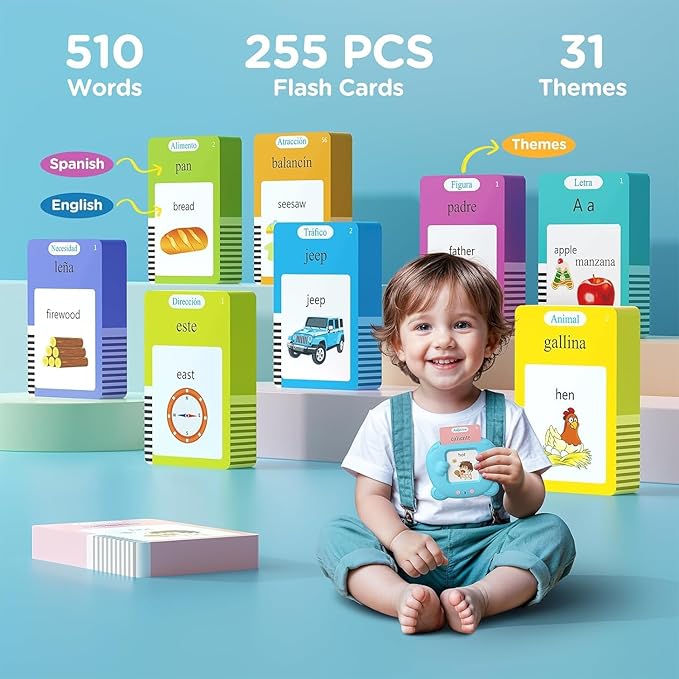 Spanish & English Talking Flash Cards for Toddler - 510 Sight Words Bilingual Learning Toys for Toddlers 3+, 31 Themes with 3 Songs Autism Sensory Toys, Montessori Educational Toys for Boys and Girls