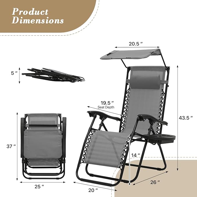 Athena Collection Zero Gravity Outdoor Lounge Chair Set of 2 with Canopy Shade, 25" Width Pool Lounge Lawn Chairs Reclining with Cup Holder, Outdoor Chaise for Beach Patio Outside, Grey