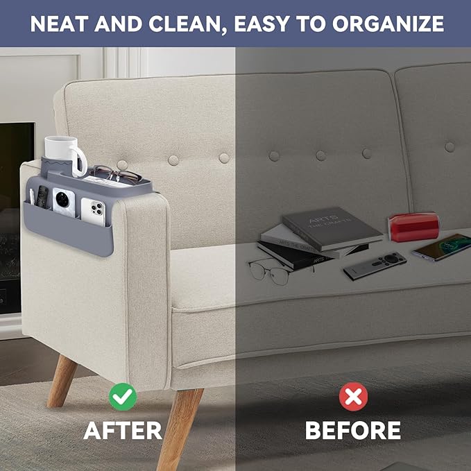Couch Cup Holder Tray - Wide (6"+) ， Silicone Sofa Armrest Tray with Dual Pockets，Couch Arm Tray Anti-Slip Organizer for Drinks, Phone, Remote, Snacks | Heat Resistant for, Recliner, Car