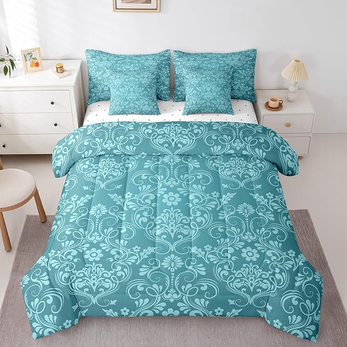 Feelyou Adults Teal Vintage Damask Floral Bedding Set Oriental Antique Comforter Set 7 Pieces Comforters Full Size Gothic Bohemia Boho FlowerBohemian Exotic Bed in a Bag