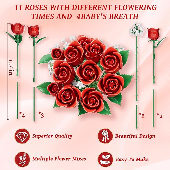 Red Rose Flowers Bouquet Building Set, Flower Plants for Botanical Collection and Decorative Home Table Art Forever Rose Toy, Valentine's DIY Gift for Women Girls Adults 6+, No Vase
