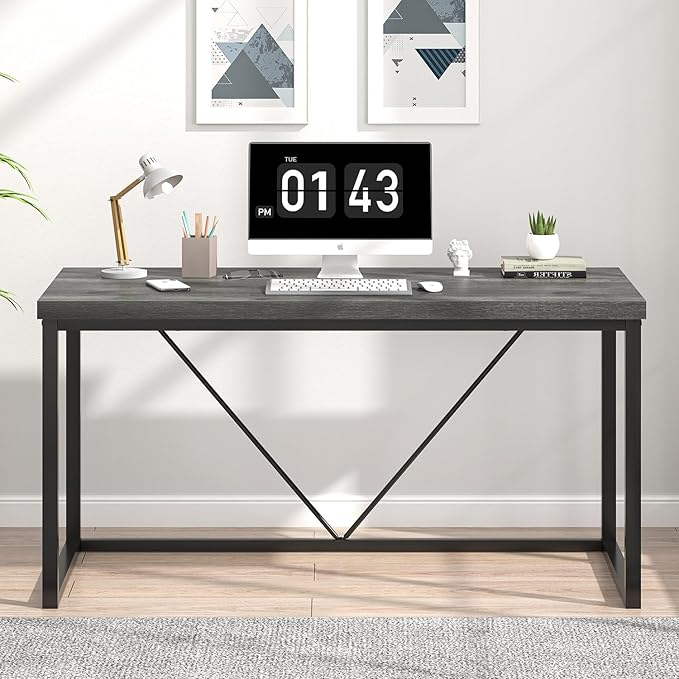 EXCEFUR Modern Home Office Desk, Wood and Metal Computer Desk, Industrial Writing Study Gaming Table for Living Room Bedroom, Rustic Grey, 53 inch