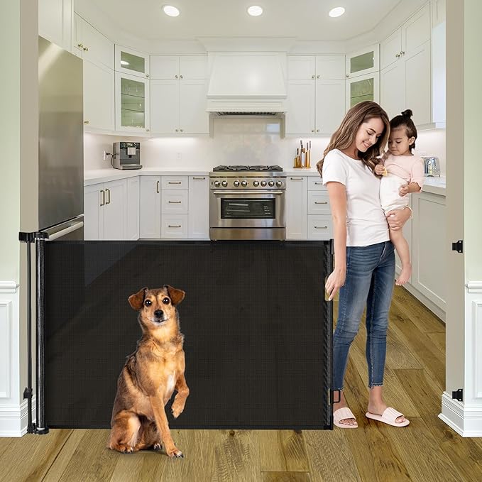 56 Inch Retractable Baby Gates for Doorways Retractable Dog Gate Outdoor Gates for Decks Indoor Long Baby Gate Retractable Pet Gate Mesh Gates for Kids or Pets Child Gate for Stairs, Porches, Black