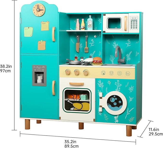 Bruvoalon Wooden Play Kitchen Toy Set for Kids, with Realistic Design, Sink with Faucet, Oven, Microwave, Utensils, Kitchenware Play Food Set Accessories, Birthday Gifts for Toddlers Boys Girl (Green)