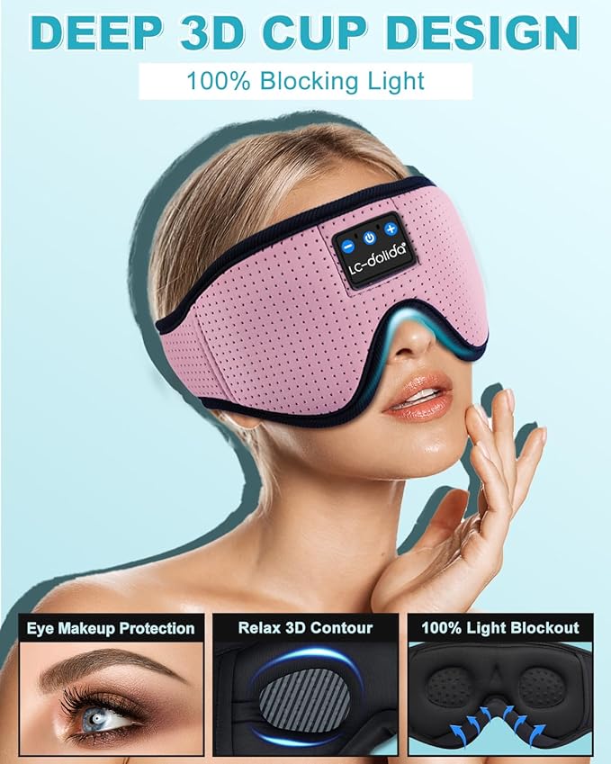 LC-dolida Sleep Headphones, 3D Sleep Mask Bluetooth Wireless, Sleeping Headphones for Side Sleepers Sleep Eye Mask Music Weighted Sleeping Mask Meditation Gifts for Men Women (Rose Pink)