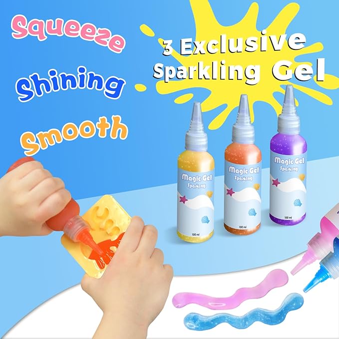 Hrsqu Magic Water Elf Toy Kit - Aqua Elf Water Gel Kit - 100ml Large Capacity Water Fairy Kits with 8 Marine Animals Molds, Christmas Gifts for Kids Birthday Gifts Party Favors (6 Colors)