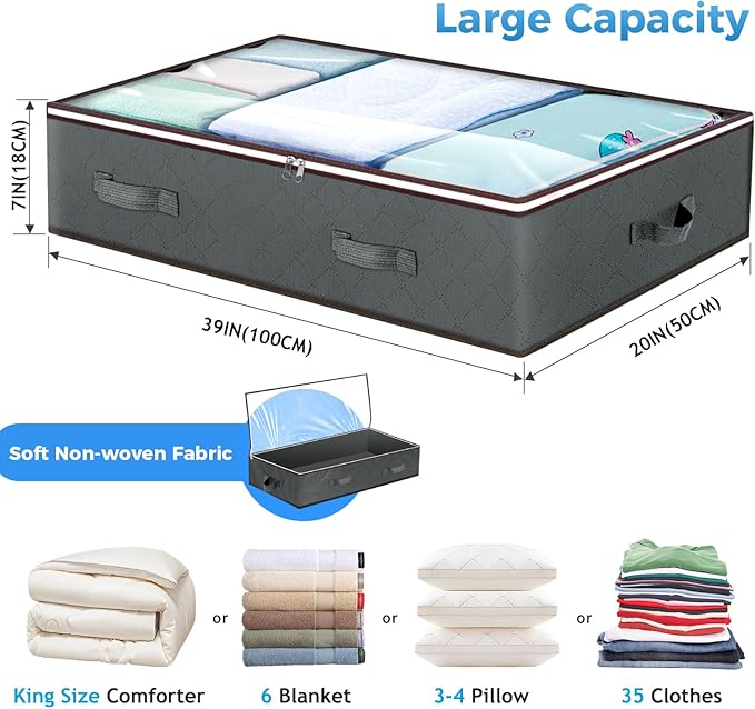 Budding Joy 90L Under Bed Storage Containers, Closet Organizers and Storage Bins, Foldable Underbed Storage Bags for Wrapping Paper, Blanket, Clothing, Comforter, Sweaters, Pillows, Linen Sheets, Grey