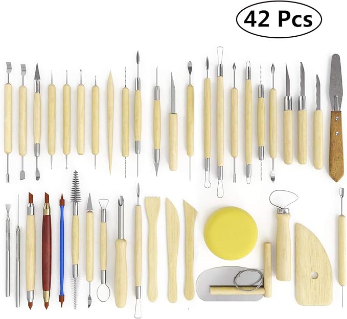 S & E TEACHER'S EDITION 42 Pcs Polymer Clay Tools, Air Dry Clay Tools, Clay Scultping Tools Double-Sided with Smooth Wooden Handles for Kids and Adults Pottery Craft, Carving, Molding, Modeling, Shaping